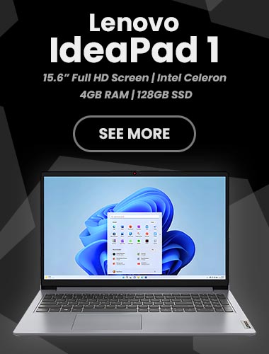 Photo showing our bestseller Lenovo IdeaPad 1 laptop in grey with black keyboard on a geometric dark grey background. The Screen is on showing the Windows 11 Home start menu. A see more button invites you to learn more about the laptop.