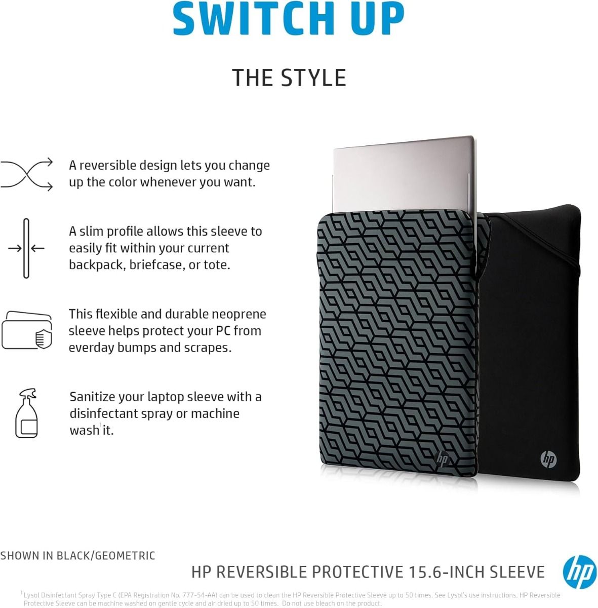 HP 15.6" Reversible Fit Sleeve Case Slim Zip-Free Black & Silver