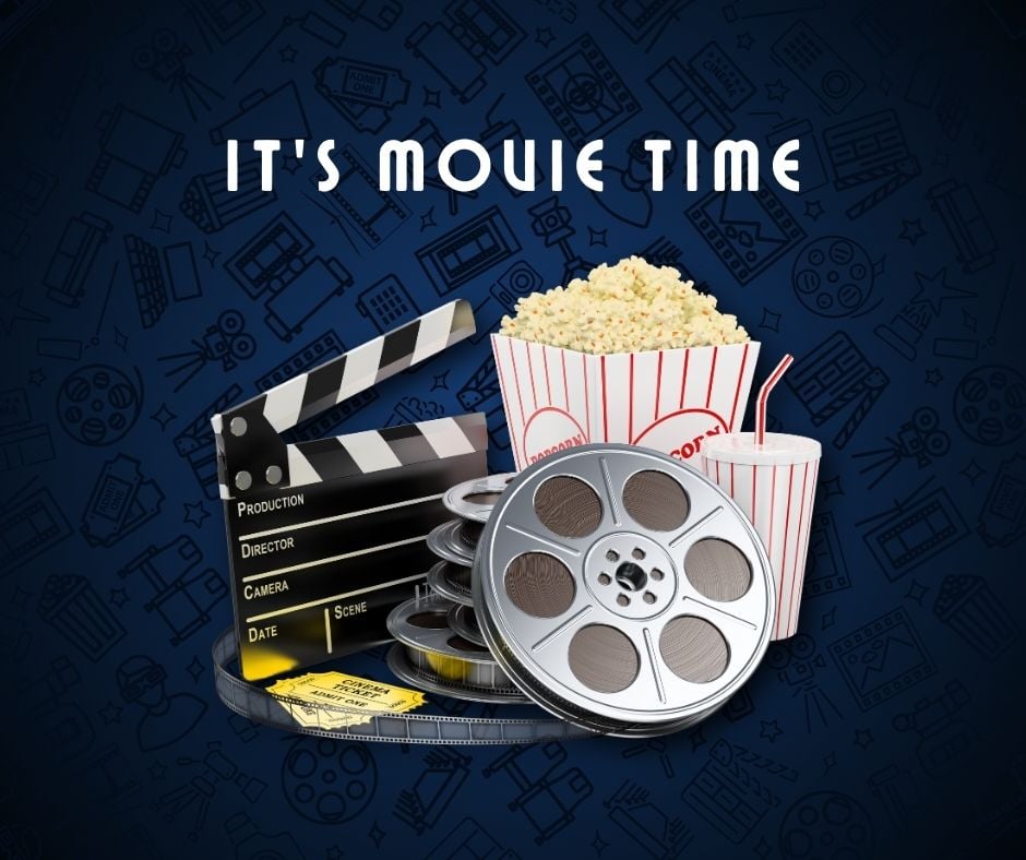 It's move time - popcorn, movie roll and clapperboard