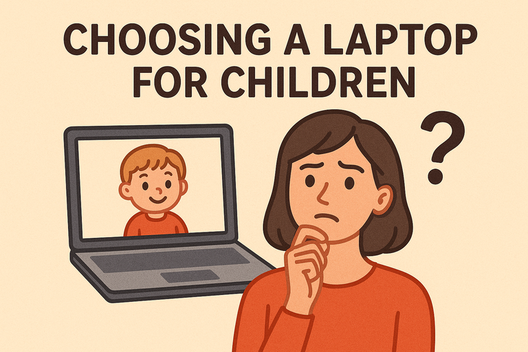 image of mom thinking which laptop to choose for her child - image of child on the laptop